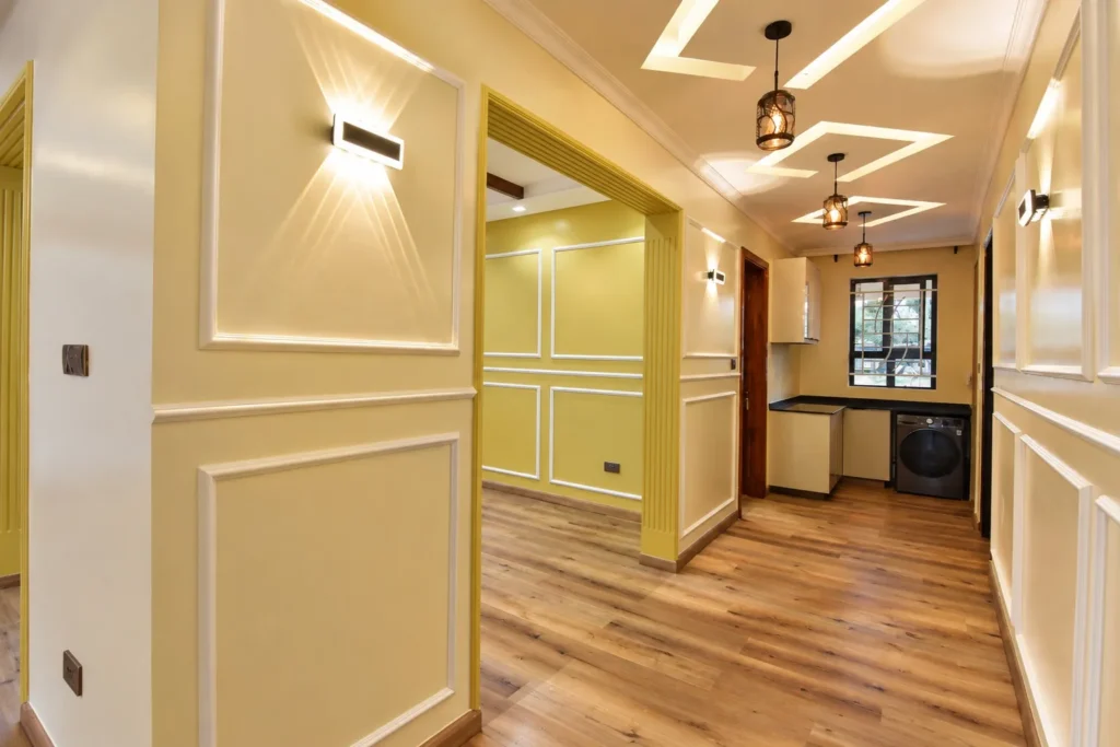 Corridor with wainscoting wall panels and gypsum ceiling, Kilimambogo, Machakos (2)