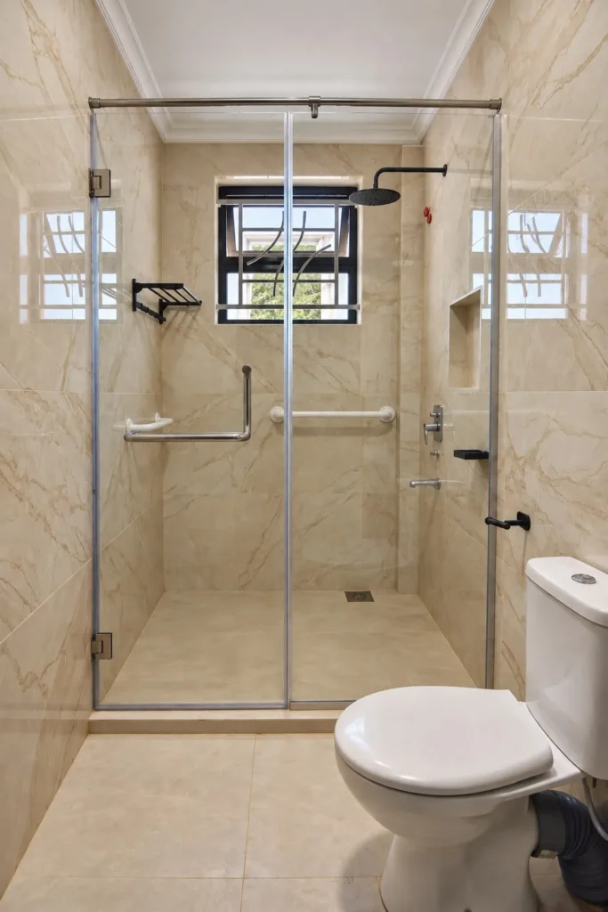 Renovated bathroom with frameless glass shower, rain shower and marble-effect tiles in Kilimambogo, Machakos