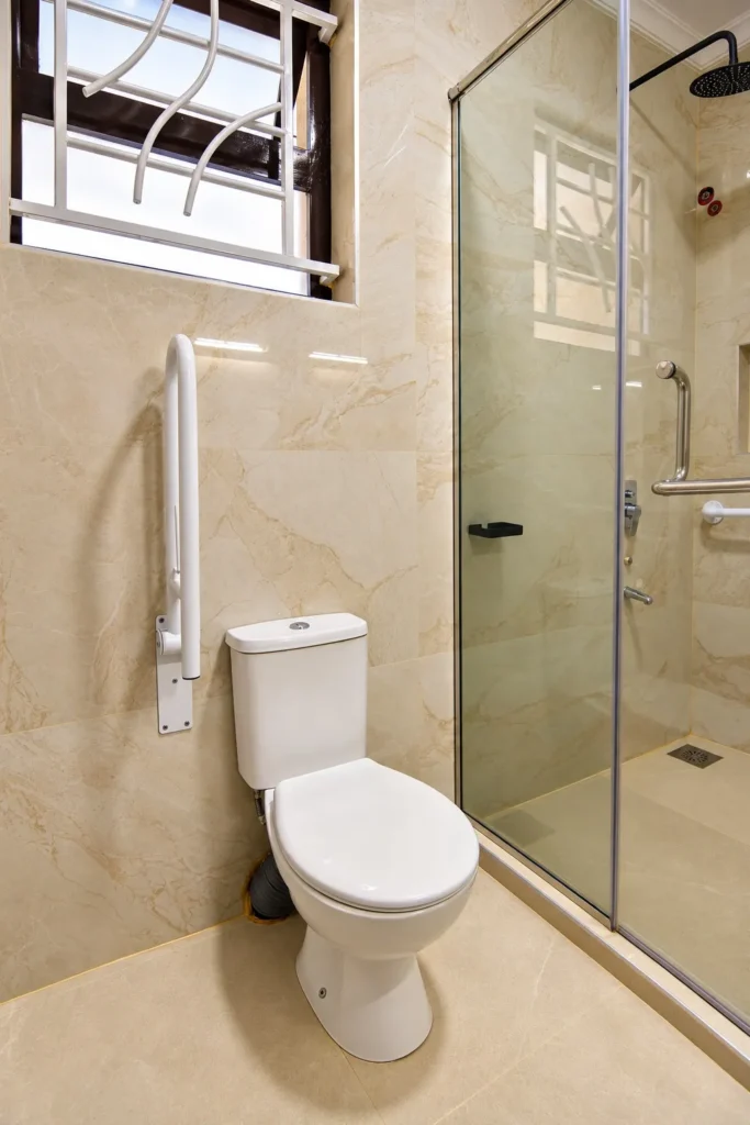 Toilet with fold-up support rail beside the glass shower, Kilimambogo bathroom