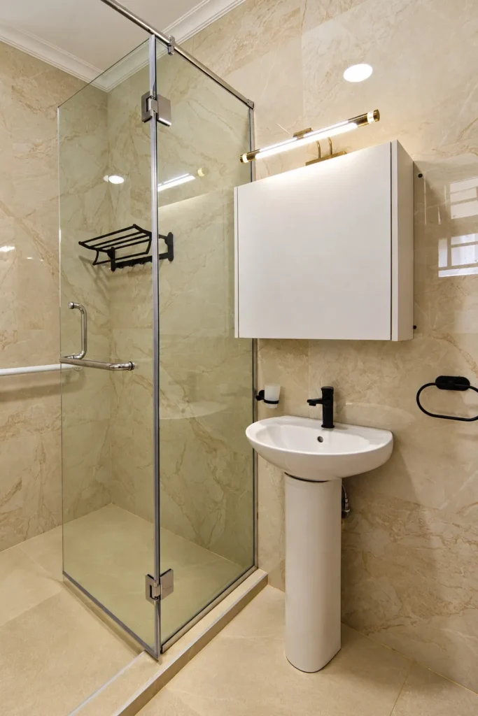 Pedestal basin, LED-lit mirror cabinet and glass shower, Kilimambogo bathroom renovation