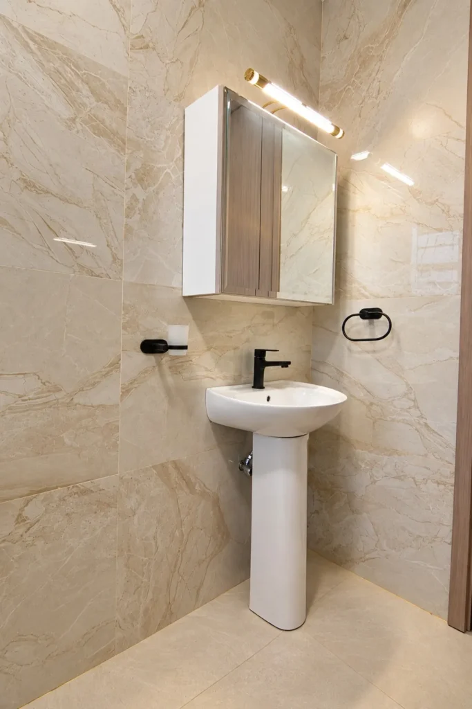 Pedestal basin with black mixer tap and mirrored cabinet, Kilimambogo bathroom renovation