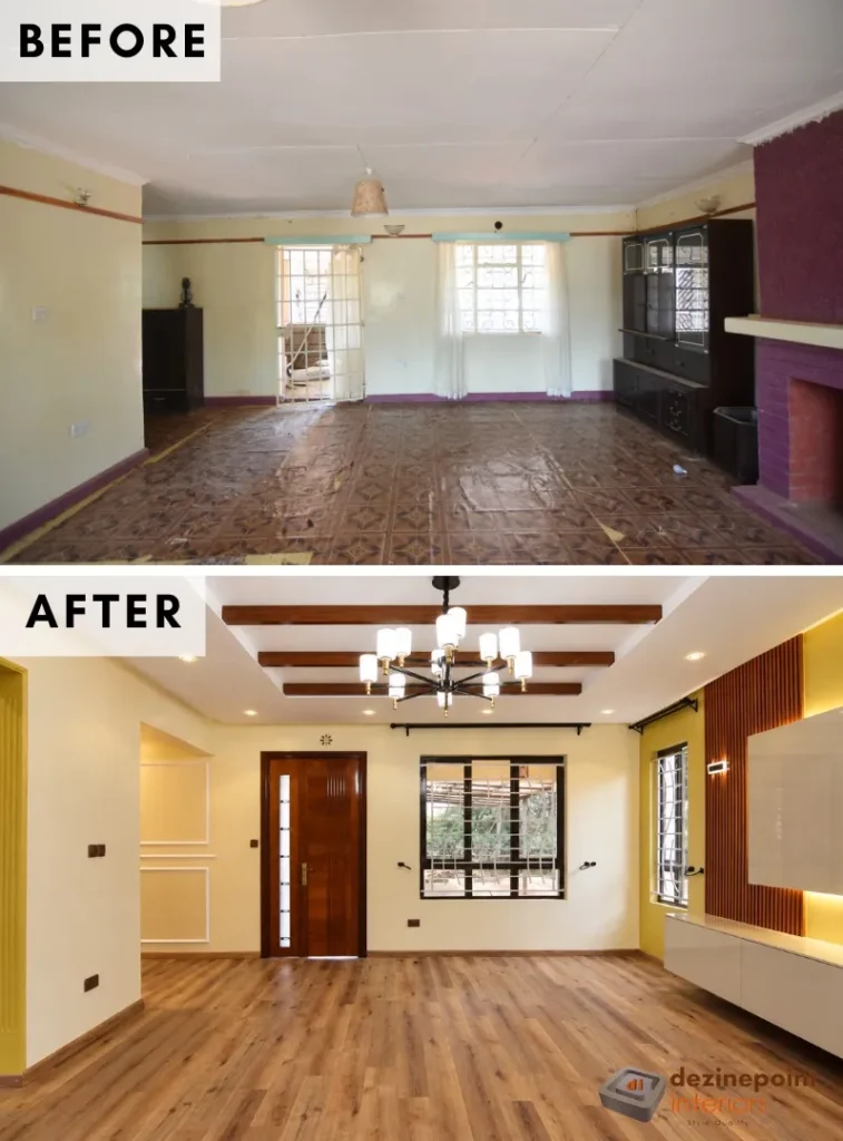 Living room before and after renovation, Kilimambogo, Machakos (2)