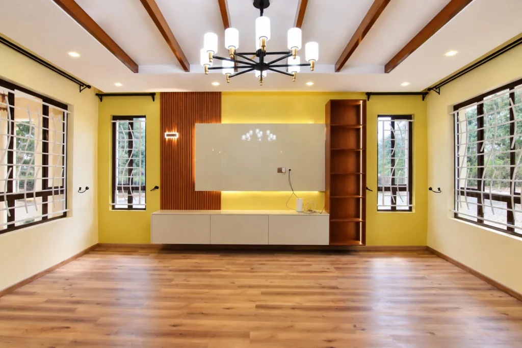 Living room with TV unit and wooden ceiling beams, Kilimambogo, Machakos (1)