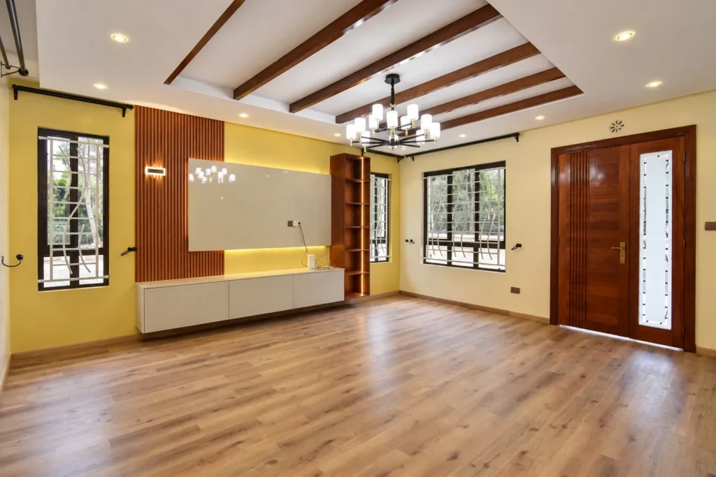 Living room with TV unit and wooden ceiling beams, Kilimambogo, Machakos (2)