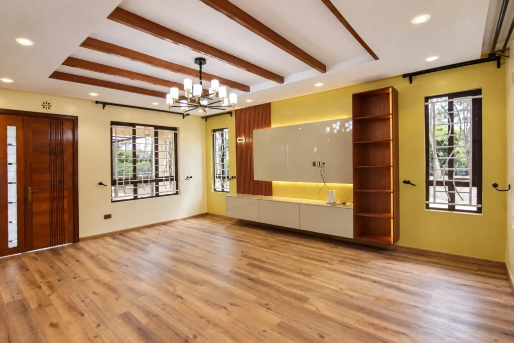 Living room with TV unit and wooden ceiling beams, Kilimambogo, Machakos (3)