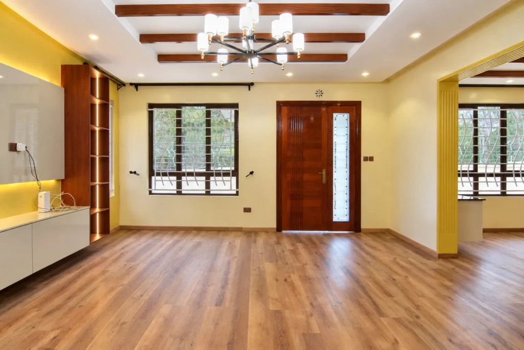 Living room with TV unit and wooden ceiling beams, Kilimambogo, Machakos (5)