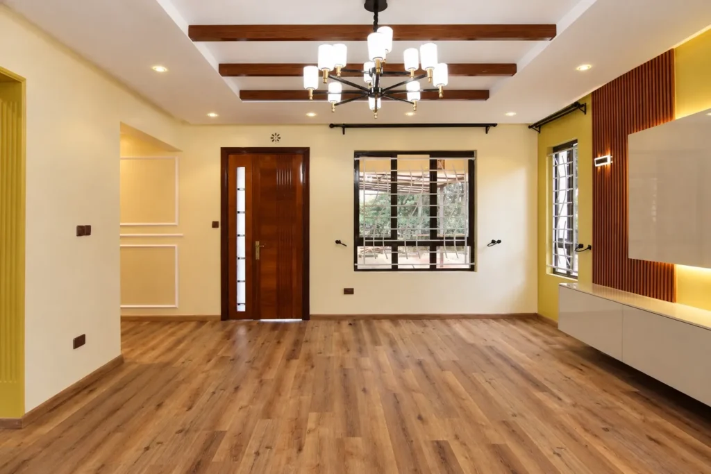 Living room with TV unit and wooden ceiling beams, Kilimambogo, Machakos (6)